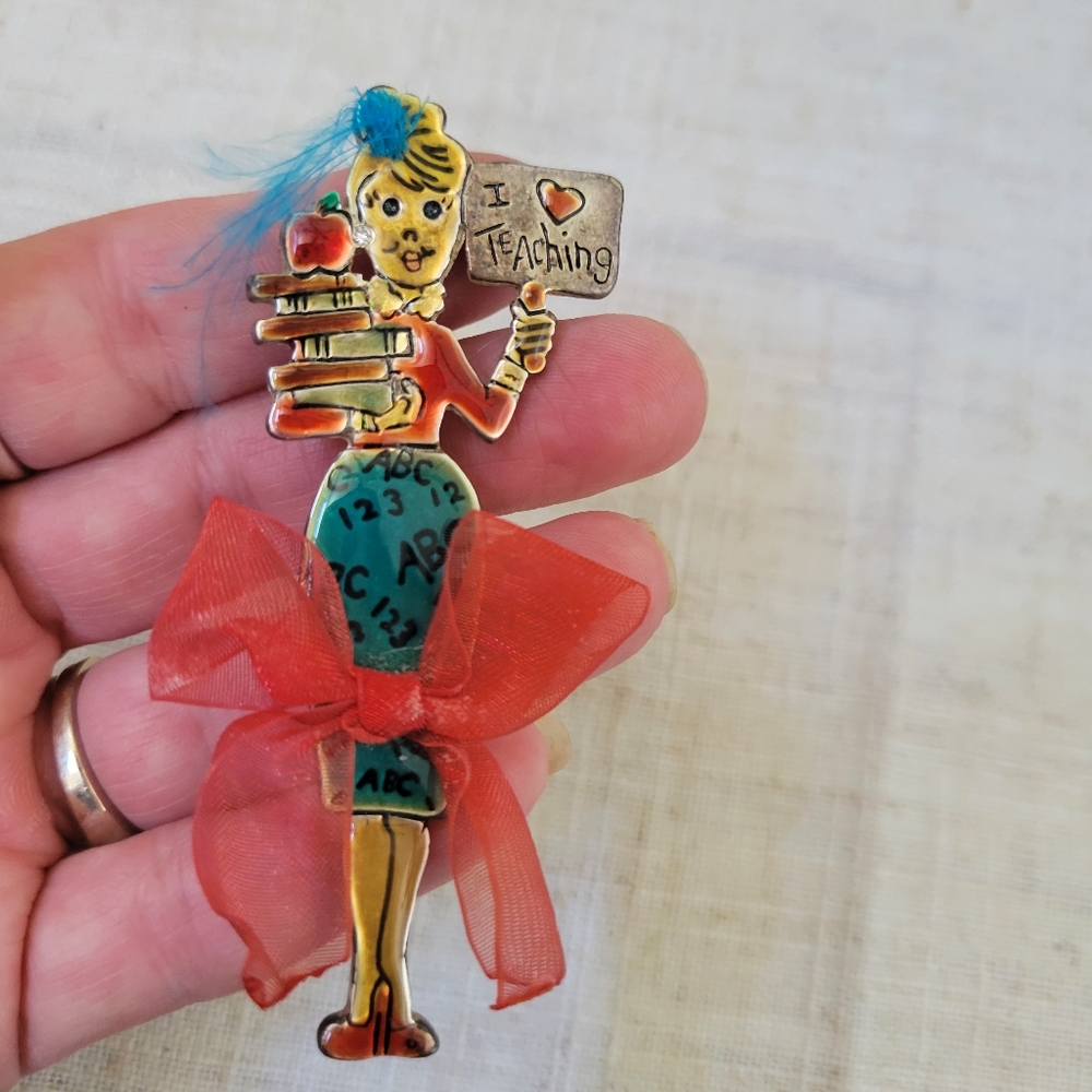 Vintage enamel I Love Teaching brooch.